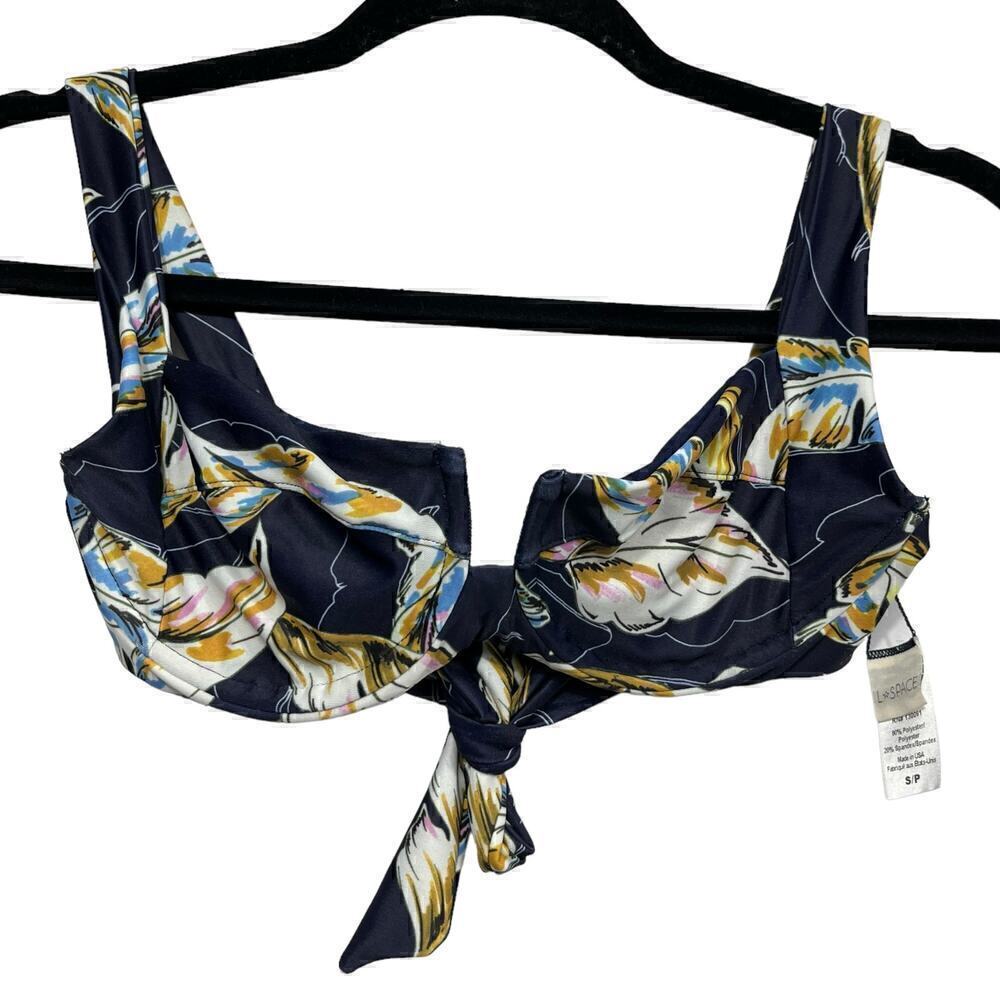 L Space Camellia Underwire Bikini Top Navy Blue With Leaves Print / Size- Small
